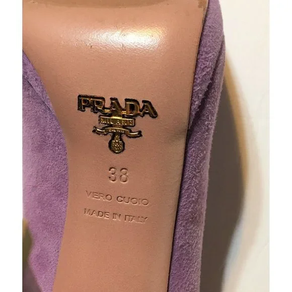 Prada Womens High Heels 38 Lavendar Suede Scalloped Edge Platform Leather Pumps - Picture 3 of 11